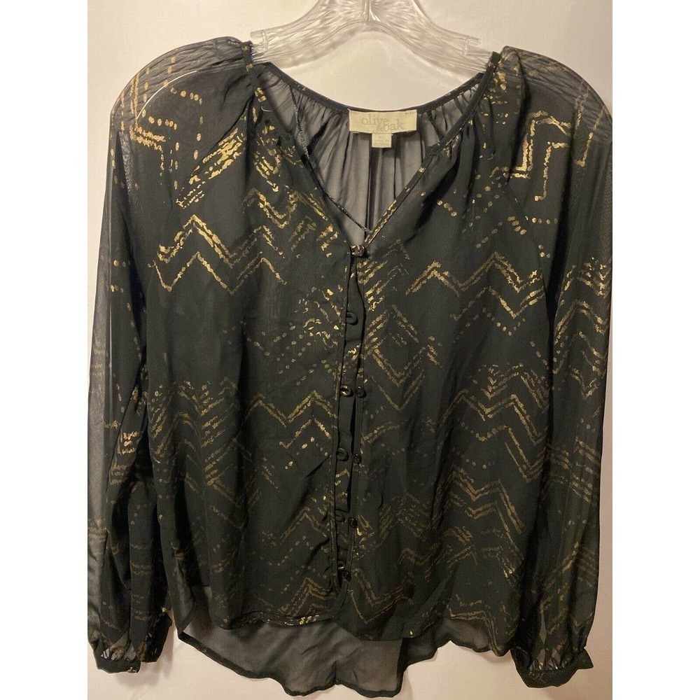 Olive & Oak Button Up Blouse Sheer Long Sleeves XS Black Brown Metallic Pattern - Picture 2 of 7